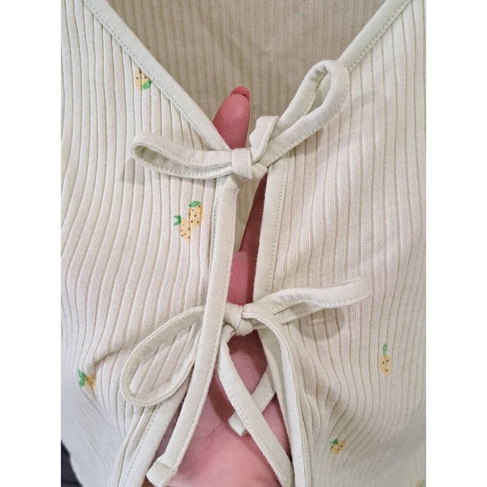 Y2K Arizona Lemon Print Ribbed Long Sleeve Double Tie-Front Cropped Top Shirt M - Picture 3 of 9